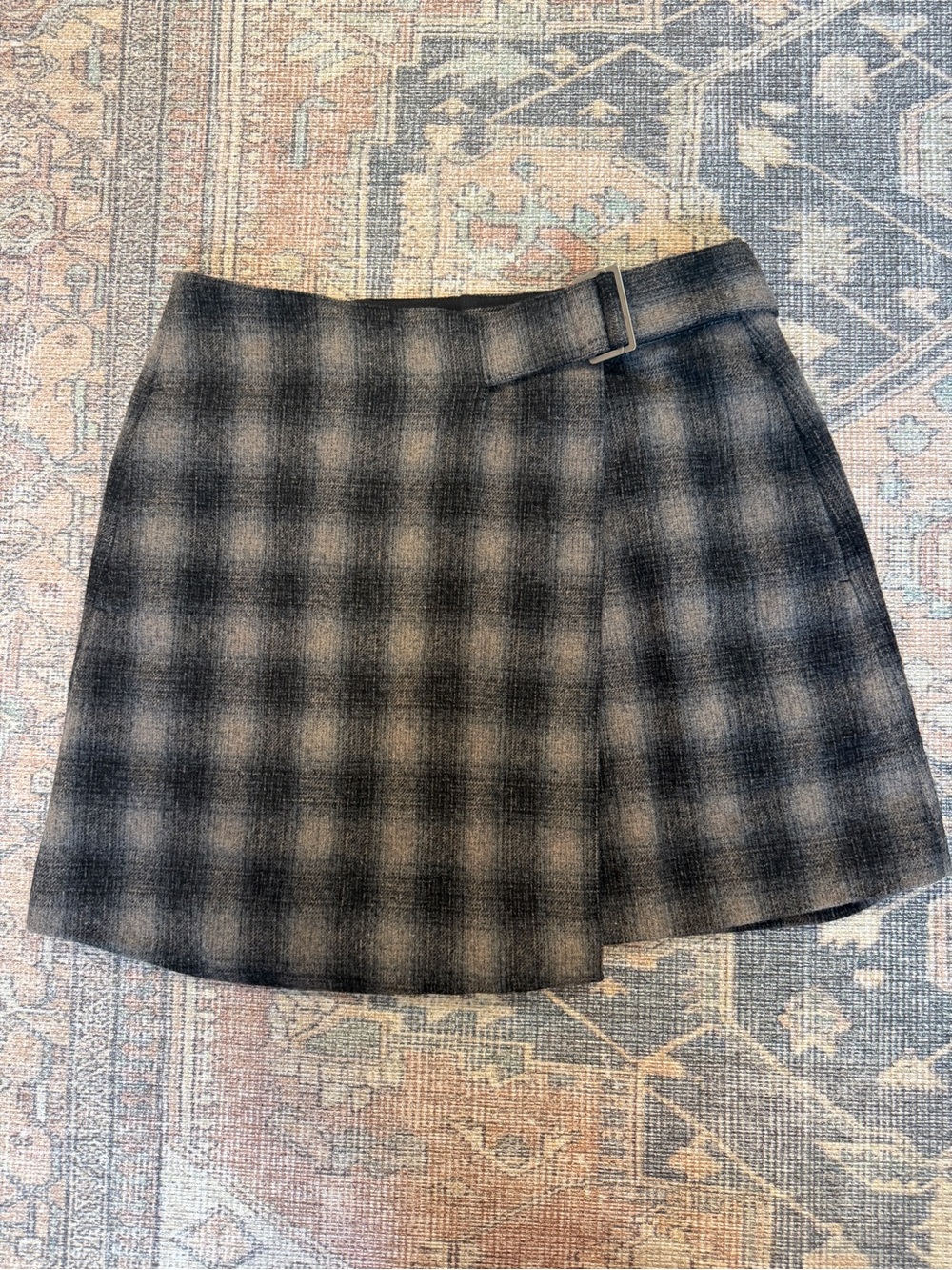Madewell Gray Plaid Mini Skirt with Buckle Detail